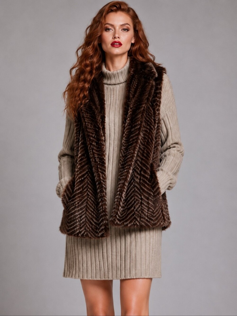 QED London | Two-Tone Brown Chevron Faux Fur Vest Quiet Luxury Layering